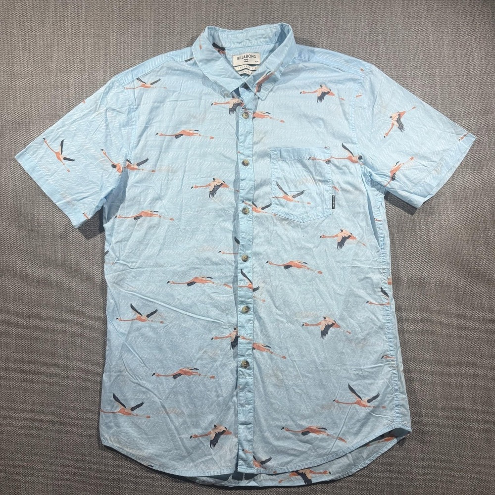 Billabong Shirt Mens Medium Blue Flamingo Print Short Sleeve Button Up Casual